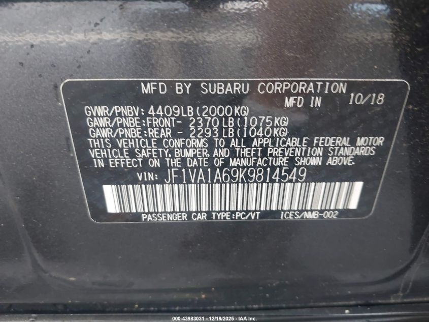 2019 Subaru Wrx VIN: JF1VA1A69K9814549 Lot: 43983031