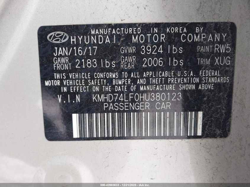 2017 Hyundai Elantra Se VIN: KMHD74LF0HU380123 Lot: 43983033