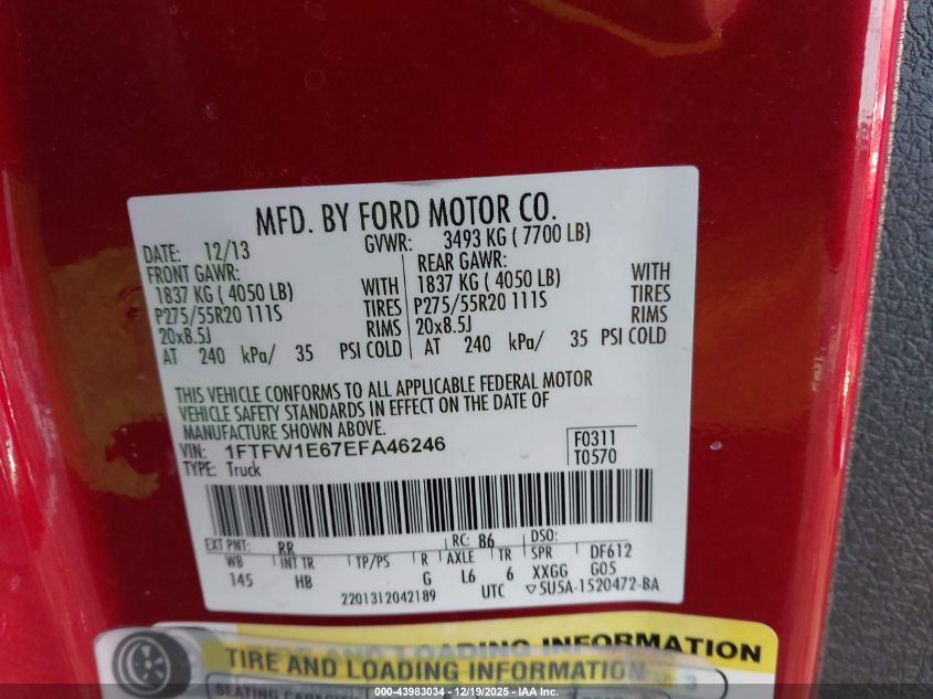 2014 Ford F-150 Lariat VIN: 1FTFW1E67EFA46246 Lot: 43983034