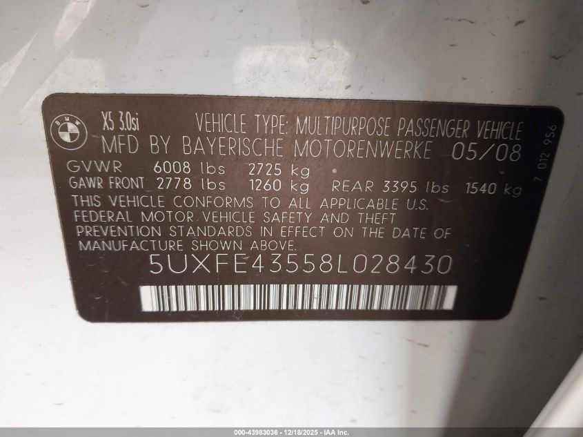 2008 BMW X5 3.0Si VIN: 5UXFE43558L028430 Lot: 43983036