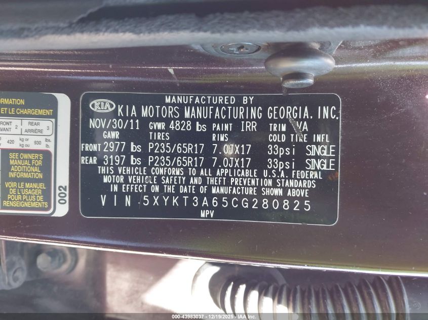 2012 Kia Sorento Lx VIN: 5XYKT3A65CG280825 Lot: 43983037