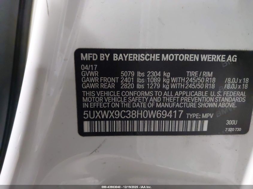 2017 BMW X3 xDrive28I VIN: 5UXWX9C38H0W69417 Lot: 43983040