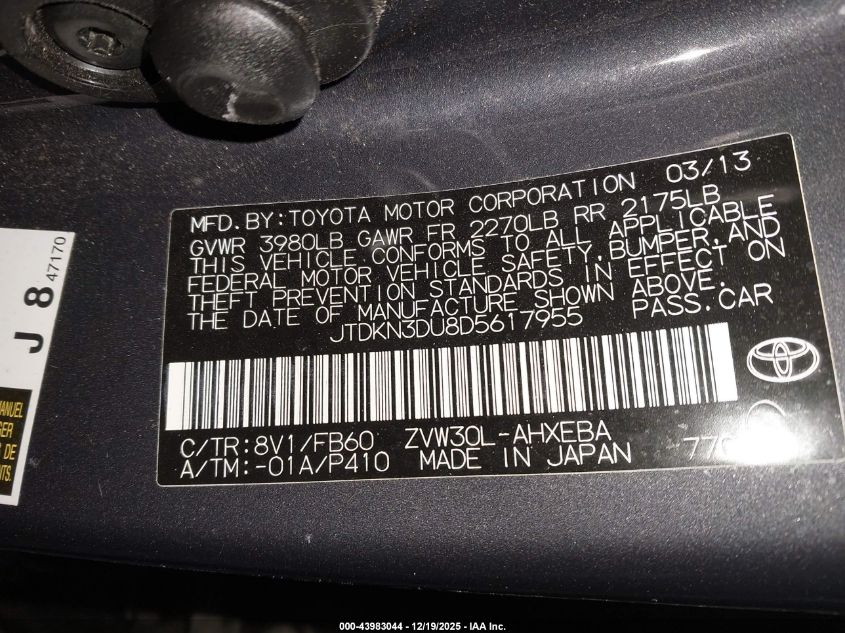 2013 Toyota Prius Two VIN: JTDKN3DU8D5617955 Lot: 43983044
