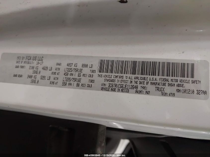 2018 Ram Promaster 2500 High Roof 136 Wb VIN: 3C6TRVCG6JE112648 Lot: 43983045