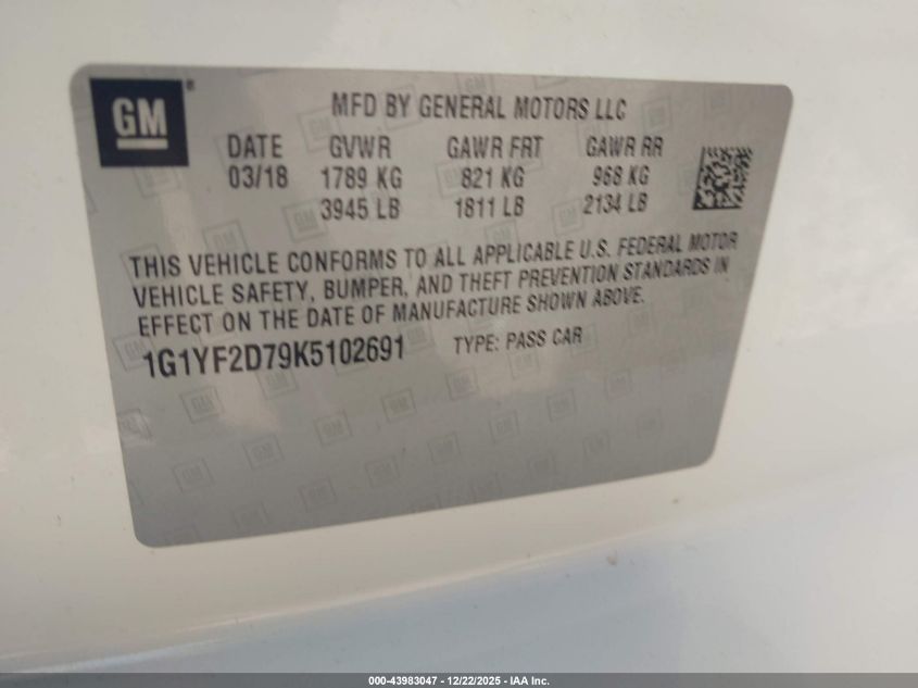 2019 Chevrolet Corvette Stingray VIN: 1G1YF2D79K5102691 Lot: 43983047