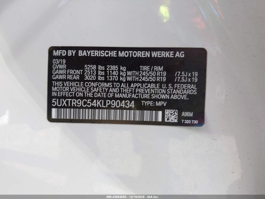 2019 BMW X3 xDrive30I VIN: 5UXTR9C54KLP90434 Lot: 43983050