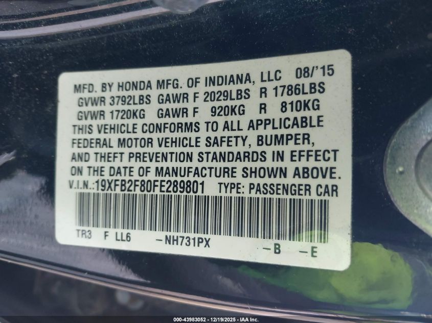 2015 Honda Civic Ex VIN: 19XFB2F80FE289801 Lot: 43983052