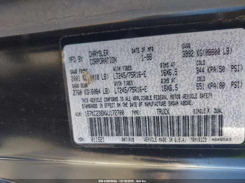 1998 Dodge Ram 2500 St VIN: 1B7KC236XWJ172700 Lot: 43983054