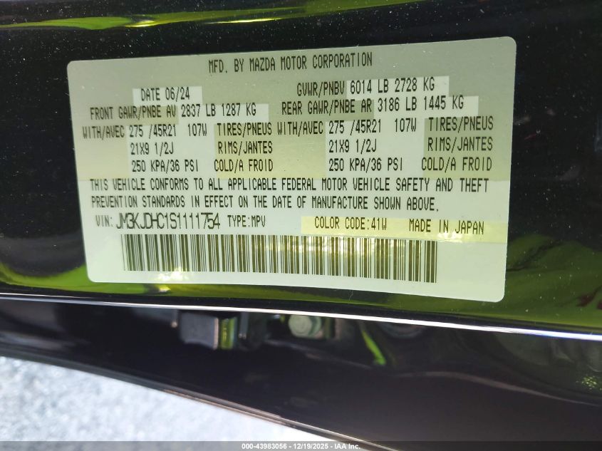 2025 Mazda Cx-70 3.3 Turbo S Premium VIN: JM3KJDHC1S1111754 Lot: 43983056
