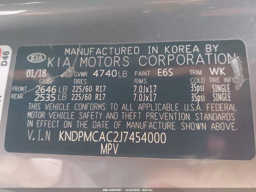 2018 Kia Sportage Lx VIN: KNDPMCAC2J7454000 Lot: 43983057