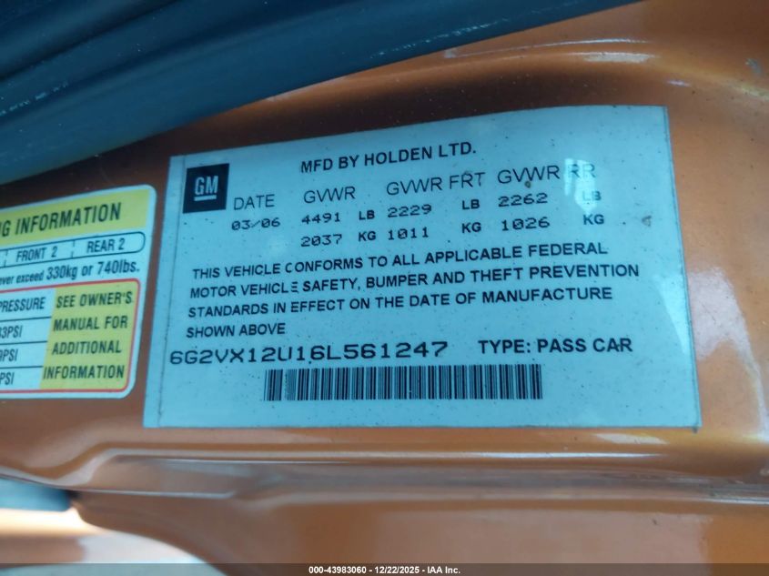 2006 Pontiac Gto VIN: 6G2VX12U16L561247 Lot: 43983060