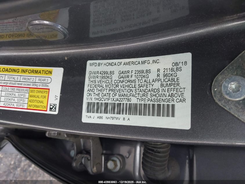 2018 Honda Accord Lx VIN: 1HGCV1F1XJA227780 Lot: 43983063