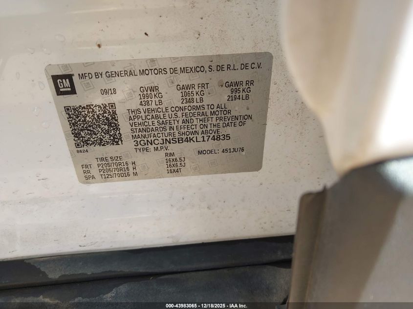 2019 Chevrolet Trax Ls VIN: 3GNCJNSB4KL174835 Lot: 43983065