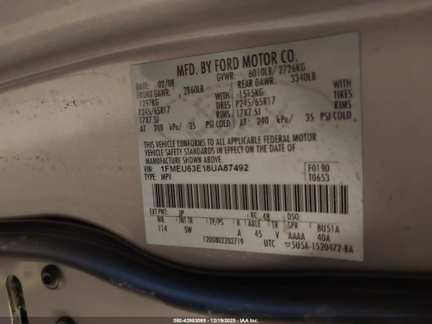 2008 Ford Explorer Xlt VIN: 1FMEU63E18UA87492 Lot: 43983069
