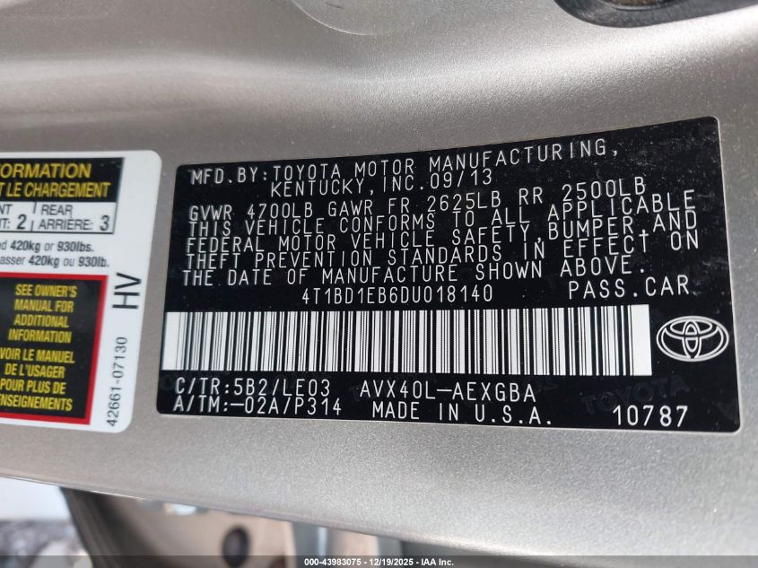 2013 Toyota Avalon Hybrid Xle Touring VIN: 4T1BD1EB6DU018140 Lot: 43983075