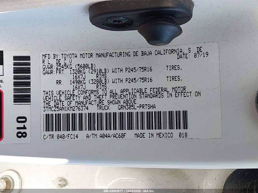 2019 Toyota Tacoma Sr5 V6 VIN: 3TMCZ5AN1KM276374 Lot: 43983077