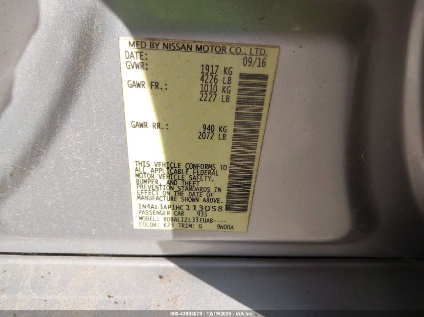 2017 Nissan Altima 2.5/2.5 S/2.5 Sl/2.5 Sr/2.5 Sv VIN: 1N4AL3AP1HC113058 Lot: 43983079