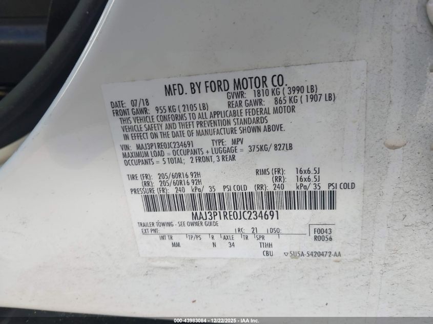 2018 Ford Ecosport S VIN: MAJ3P1RE0JC234691 Lot: 43983084