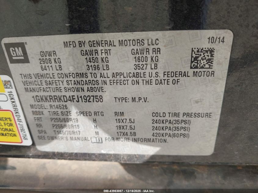 2015 GMC Acadia Slt-1 VIN: 1GKKRRKD4FJ192758 Lot: 43983087