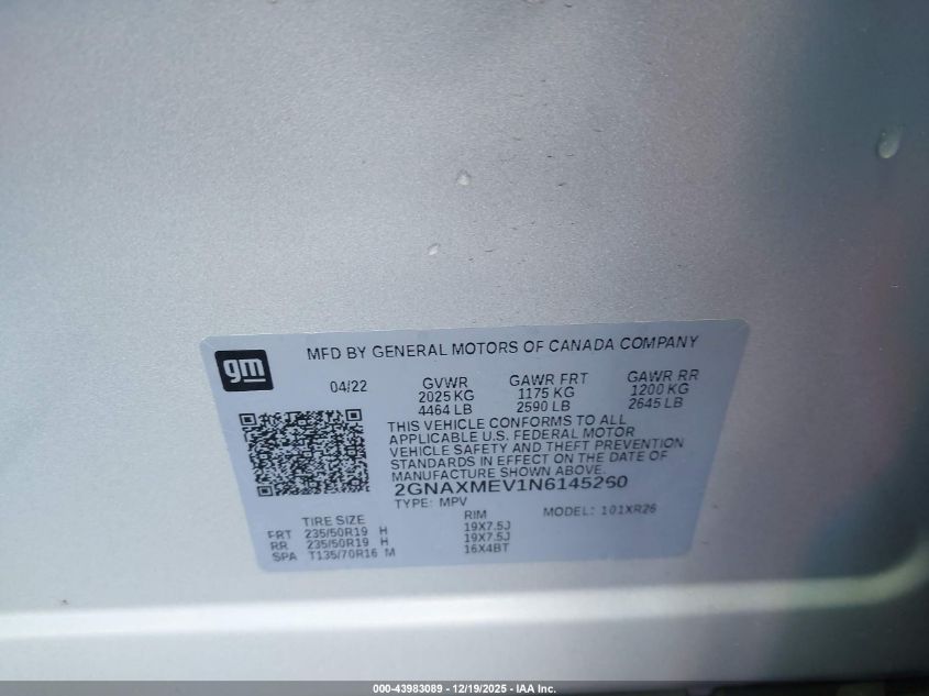 2022 Chevrolet Equinox Fwd Rs VIN: 2GNAXMEV1N6145260 Lot: 43983089