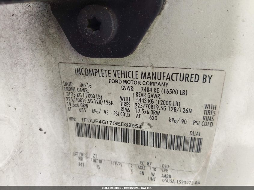2016 Ford F-450 Chassis Xl VIN: 1FDUF4GT7GED32954 Lot: 43983095