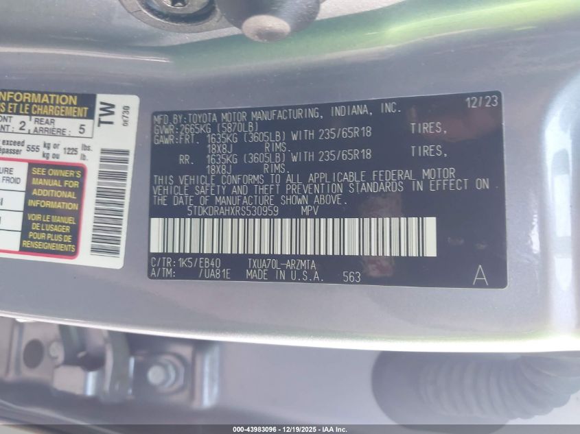 2024 Toyota Highlander Xle VIN: 5TDKDRAHXRS530959 Lot: 43983096