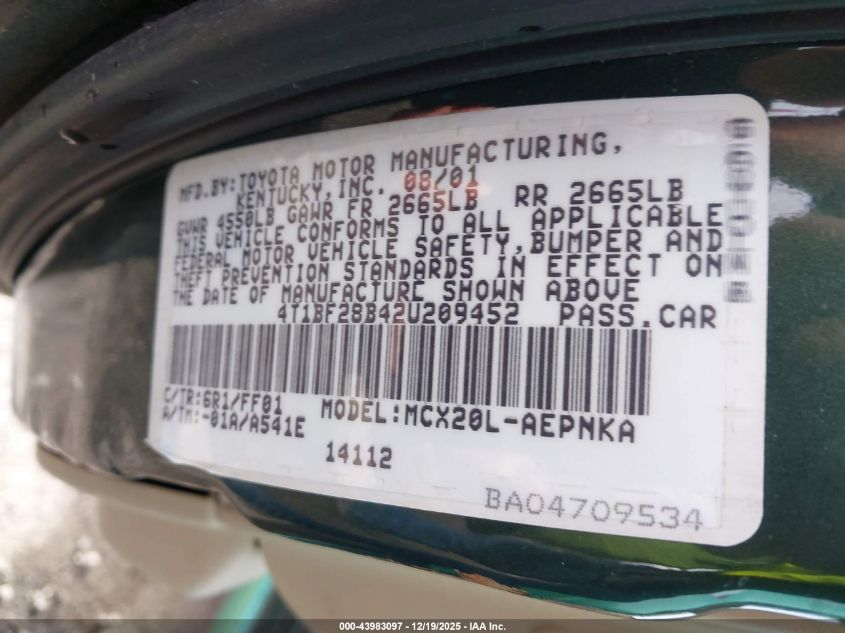 2002 Toyota Avalon Xl VIN: 4T1BF28B42U209452 Lot: 43983097