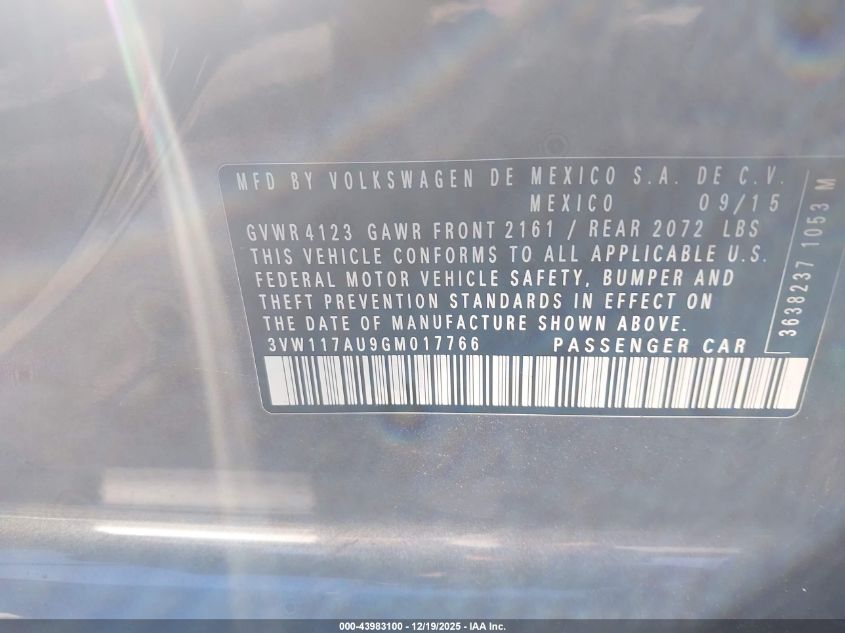 2016 Volkswagen Golf Tsi S 4-Door VIN: 3VW117AU9GM017766 Lot: 43983100