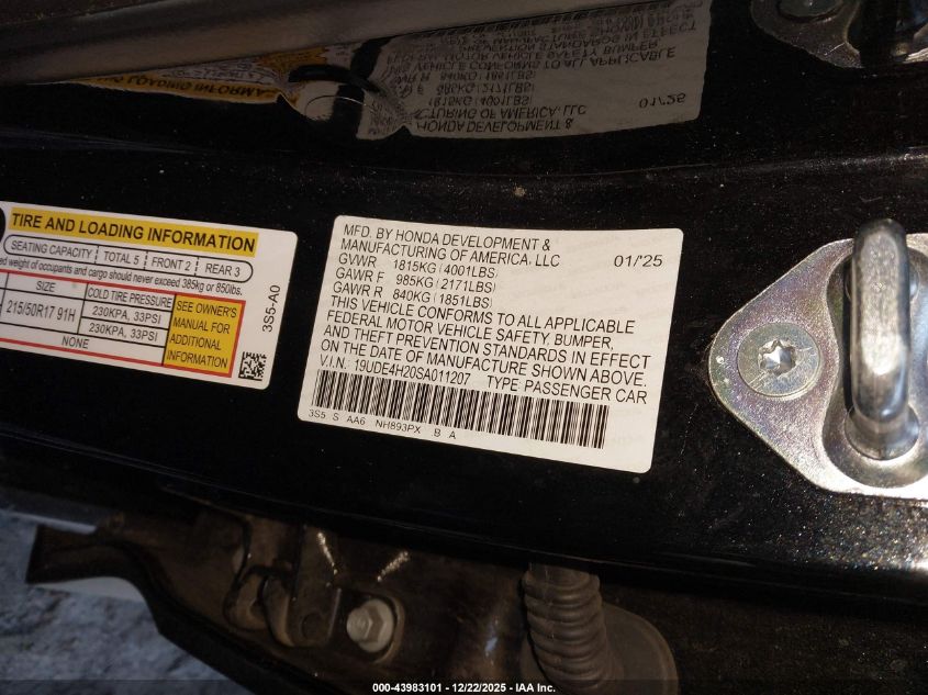 2025 Acura Integra VIN: 19UDE4H20SA011207 Lot: 43983101