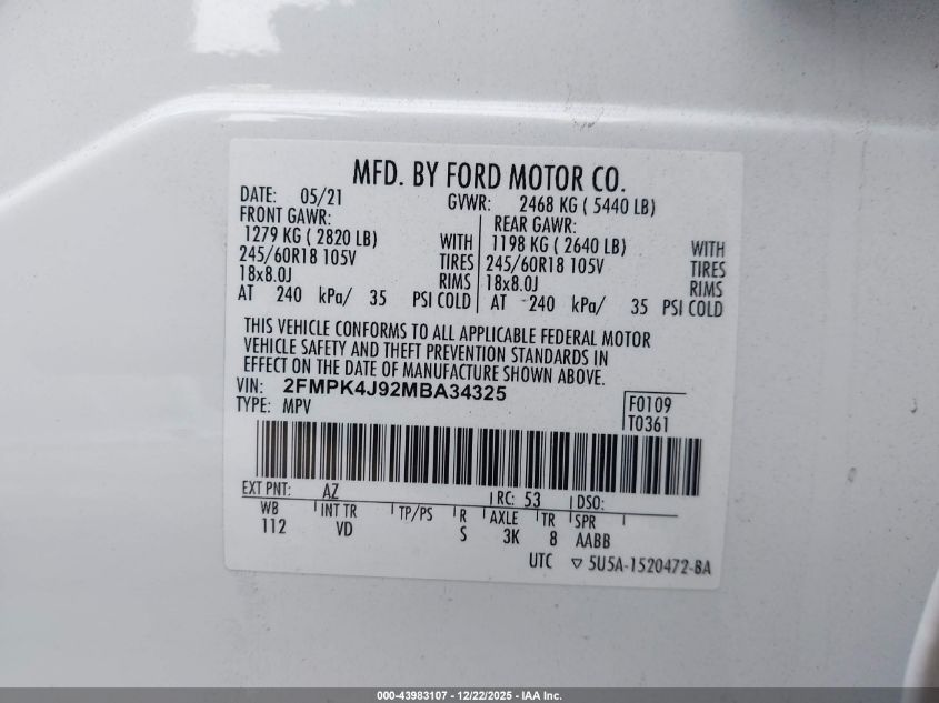 2021 Ford Edge Sel VIN: 2FMPK4J92MBA34325 Lot: 43983107