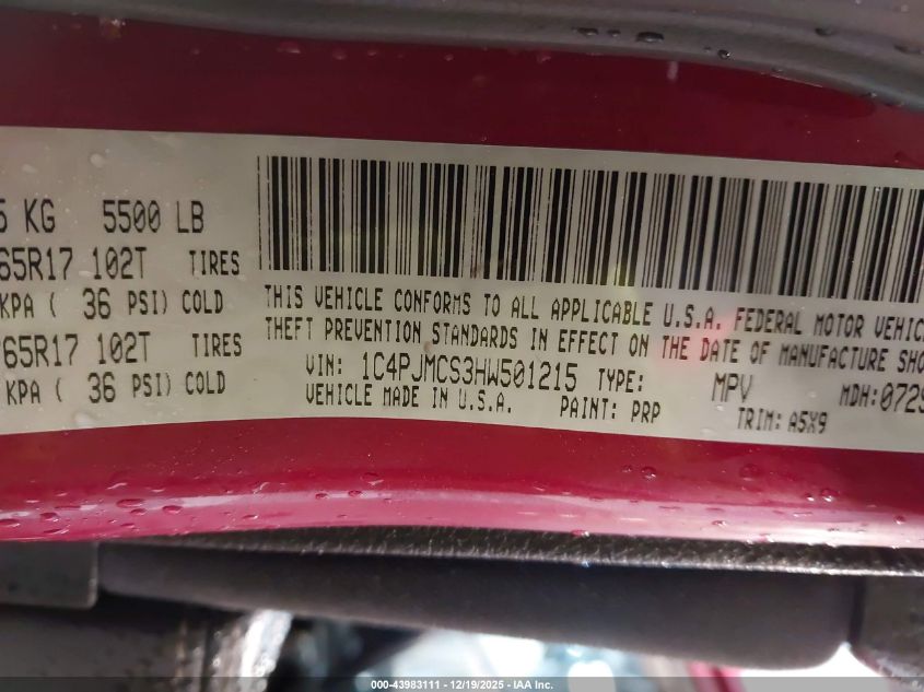 2017 Jeep Cherokee Latitude 4X4 VIN: 1C4PJMCS3HW501215 Lot: 43983111