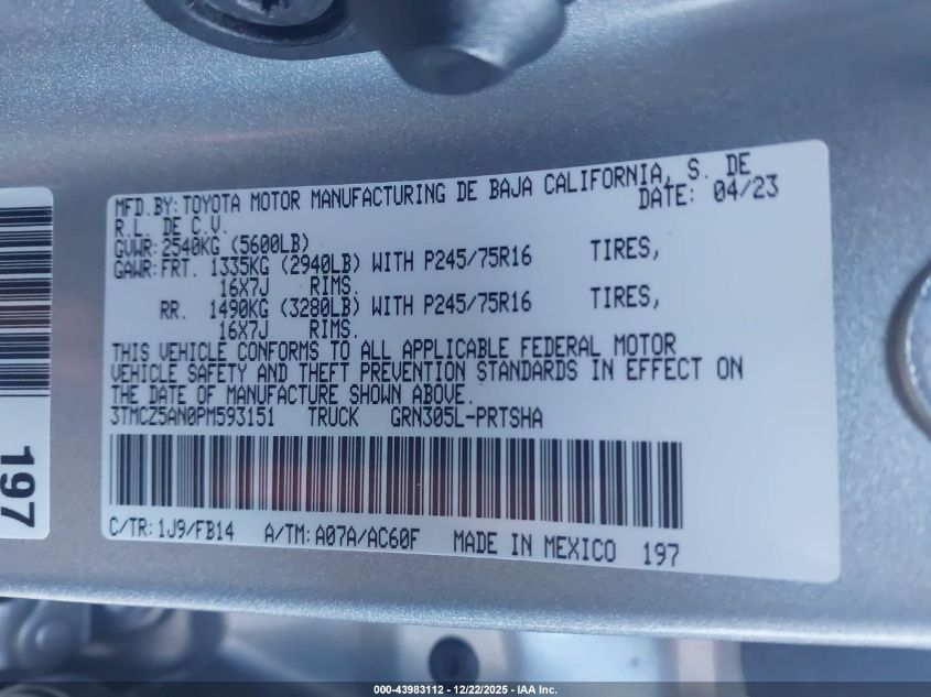 2023 Toyota Tacoma Sr V6 VIN: 3TMCZ5AN0PM593151 Lot: 43983112