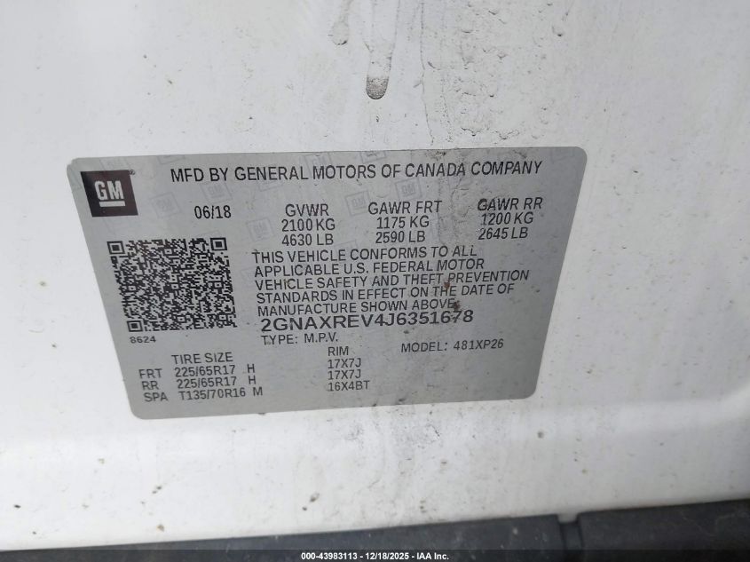 2018 Chevrolet Equinox Ls VIN: 2GNAXREV4J6351678 Lot: 43983113