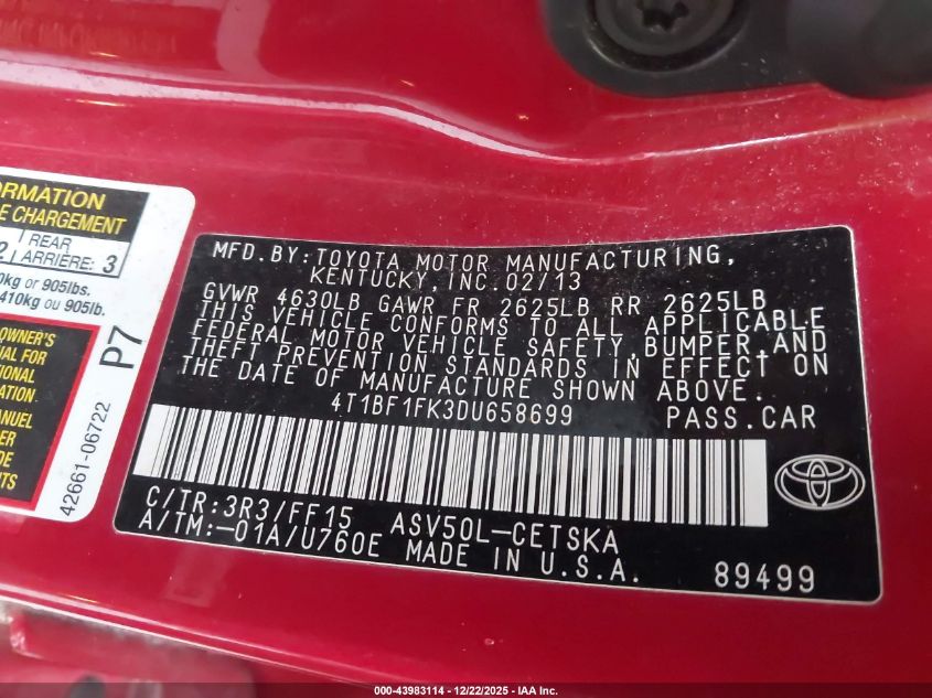 2013 Toyota Camry Se VIN: 4T1BF1FK3DU658699 Lot: 43983114