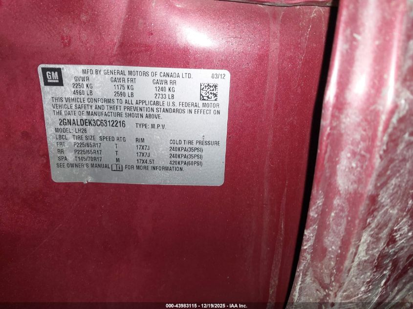 2012 Chevrolet Equinox 1Lt VIN: 2GNALDEK3C6312216 Lot: 43983115