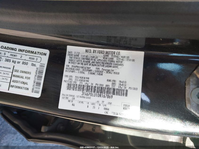 2013 Ford Fusion Hybrid Se VIN: 3FA6P0LU1DR167869 Lot: 43983117