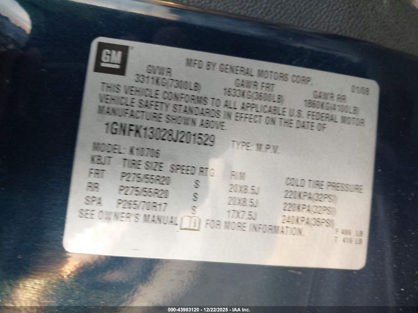 2008 Chevrolet Tahoe Ltz VIN: 1GNFK13028J201529 Lot: 43983120