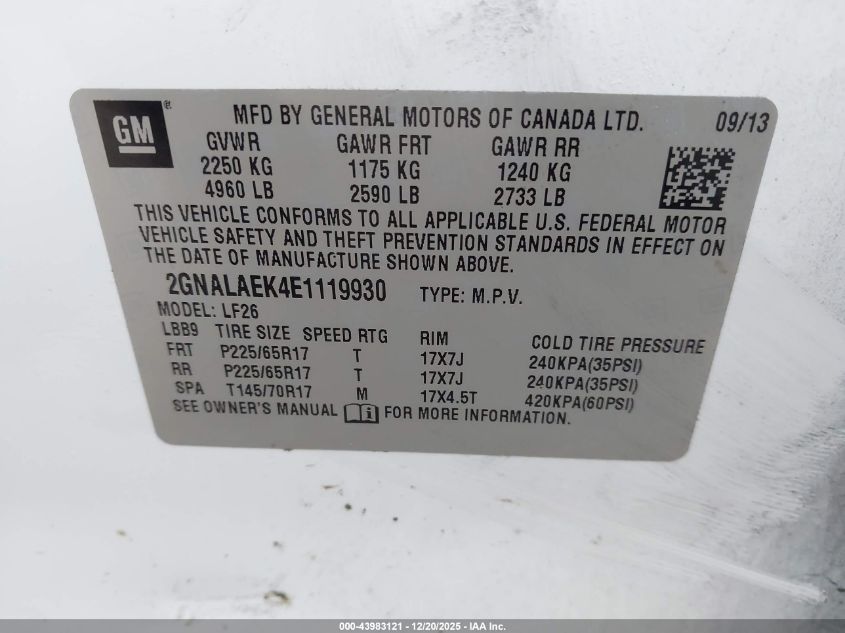 2014 Chevrolet Equinox Ls VIN: 2GNALAEK4E1119930 Lot: 43983121