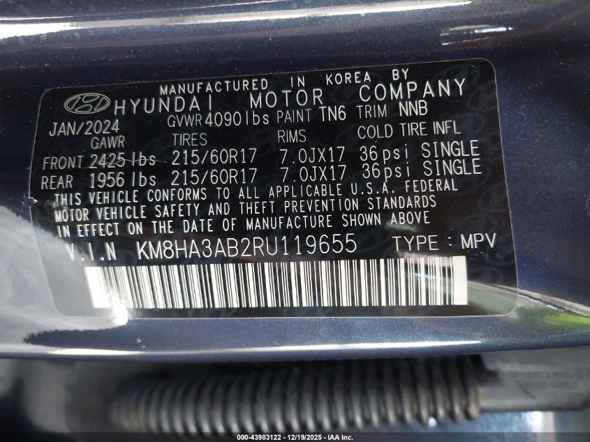 2024 Hyundai Kona Se VIN: KM8HA3AB2RU119655 Lot: 43983122