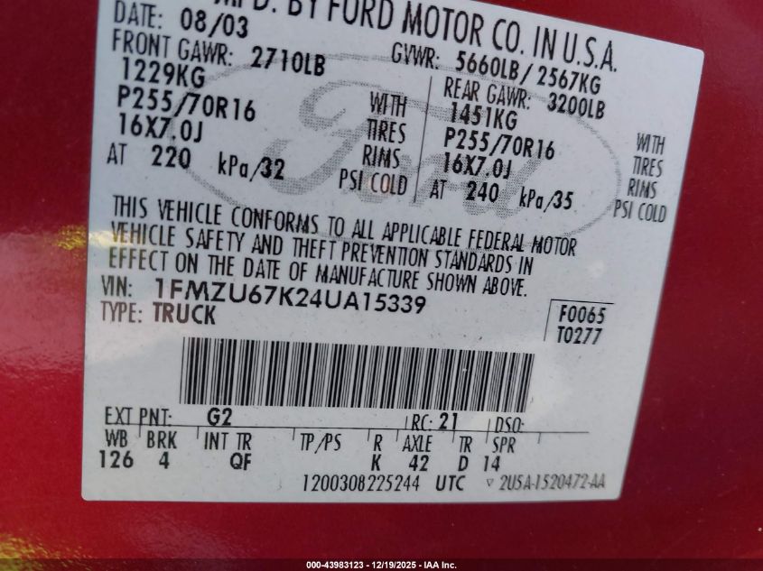 2004 Ford Explorer Sport Trac Adrenalin/Xls/Xlt VIN: 1FMZU67K24UA15339 Lot: 43983123