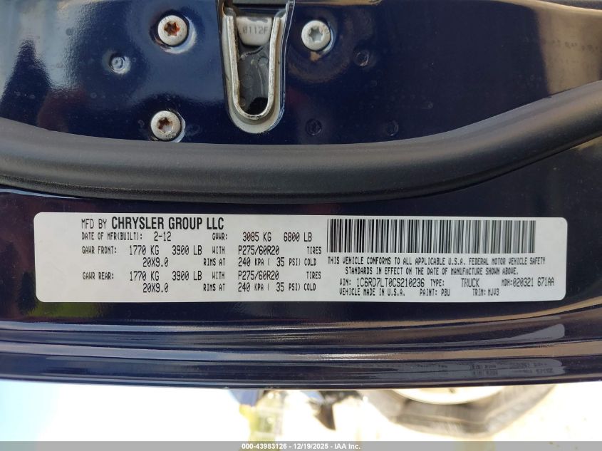 2012 Ram 1500 Slt VIN: 1C6RD7LT0CS210236 Lot: 43983126