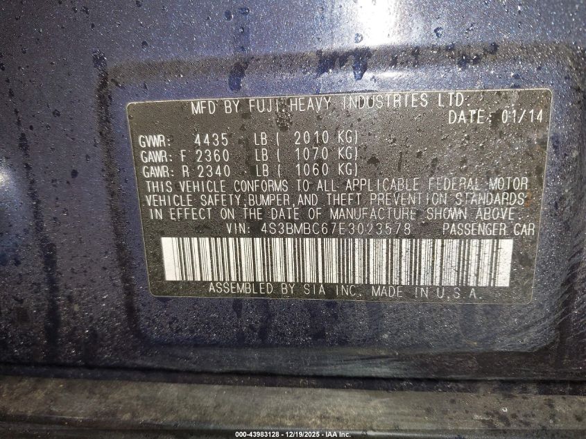 2014 Subaru Legacy 2.5I Premium VIN: 4S3BMBC67E3023578 Lot: 43983128