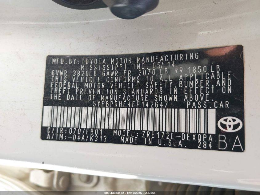 2014 Toyota Corolla Le Eco VIN: 5YFBPRHE4EP142647 Lot: 43983132