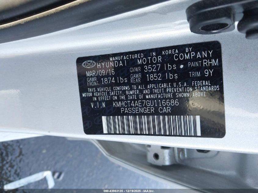 2016 Hyundai Accent Se VIN: KMHCT4AE7GU116686 Lot: 43983135