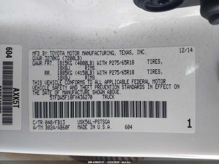 2015 Toyota Tundra Sr5 5.7L V8 VIN: 5TFDW5F18FX436270 Lot: 43983137