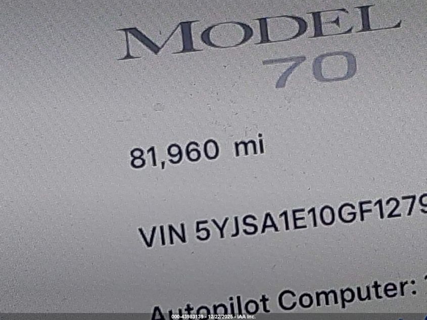 2016 Tesla Model S 60/70/75/85 VIN: 5YJSA1E10GF127971 Lot: 43983139