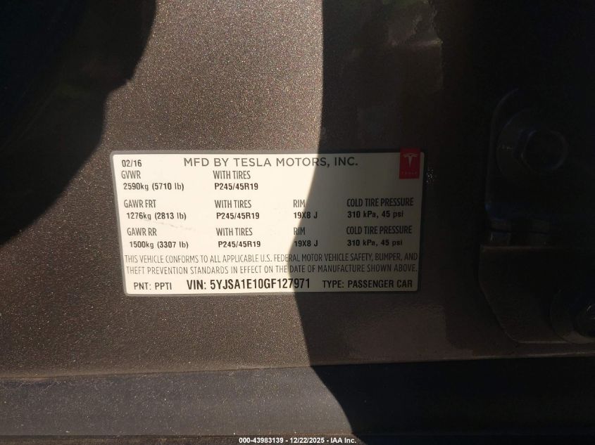 2016 Tesla Model S 60/70/75/85 VIN: 5YJSA1E10GF127971 Lot: 43983139