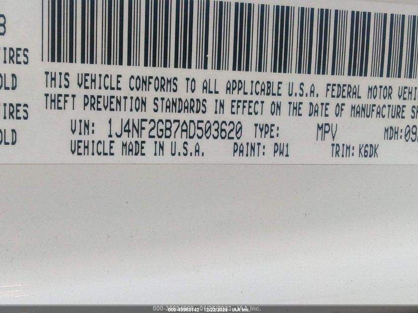 2010 Jeep Patriot Sport VIN: 1J4NF2GB7AD503620 Lot: 43983142