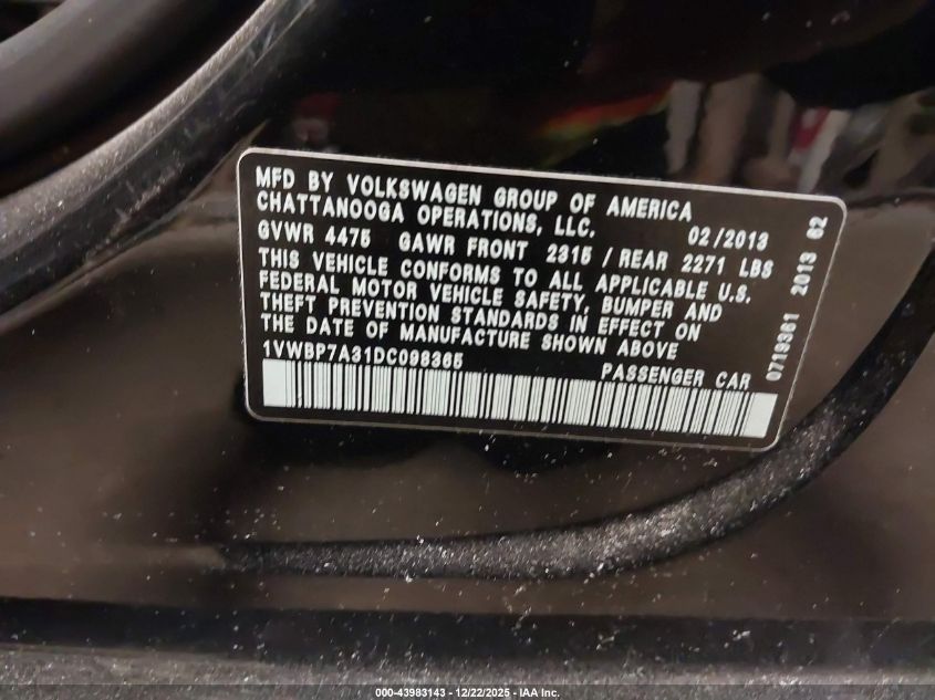 2013 Volkswagen Passat 2.5L Se VIN: 1VWBP7A31DC098365 Lot: 43983143