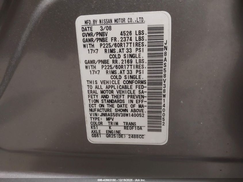 2008 Nissan Rogue Sl VIN: JN8AS58V38W140052 Lot: 43983150